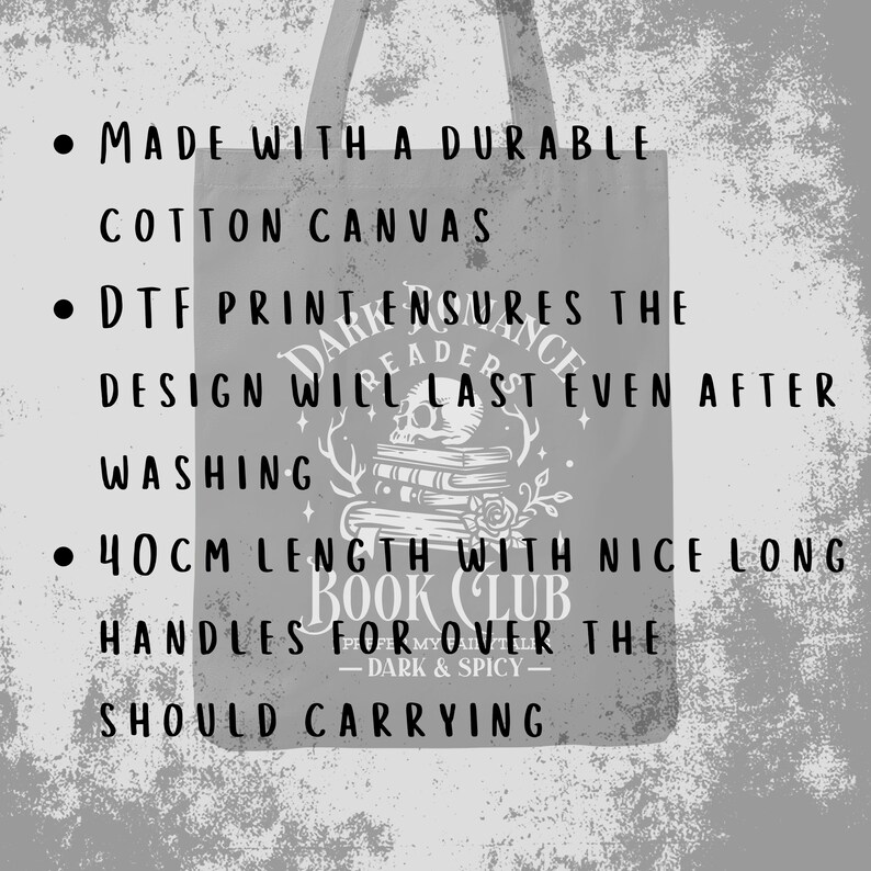 May include: Gray cotton canvas tote bag with the text "DARK READERS BOOK CLUB" and a skull design. The bag has long handles and is 40cm in length.