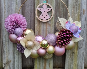 Christmas Hoop Wreath Purple Gold Baubles Angel Door Decoration Festive Season