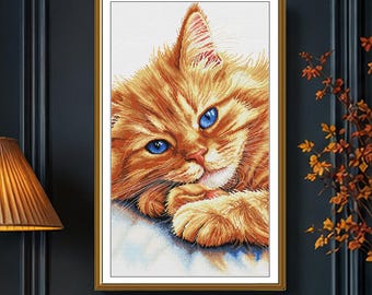 Ginger Cat Cross Stitch Kit, Blue-Eyed Portrait, Partial Coverage on White Aida 16