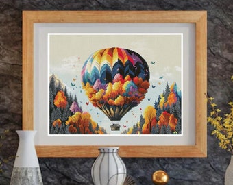 Autumn Travel Cross Stitch Kit, Balloon Beadwork, DIY Needlework (38x28 cm)