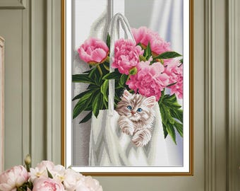 Kitten Cross Stitch Kit, Blue-Eyed Cat and Pink Peonies on Printed Aida 16