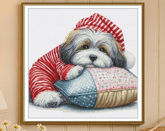 Dog Cross Stitch Kit, Sleepy Pup with Sewing Machine on White Aida 16