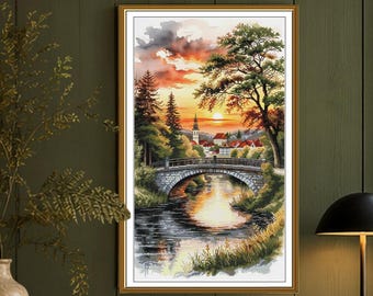 Landscape Cross Stitch Kit, Sunset Village and Stone Bridge on Printed Aida 16