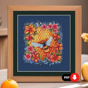 Flower Honey Bee Cross Stitch Pattern, Floral Honeycomb (PDF Pattern)