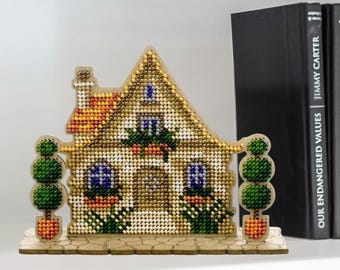 Beaded Embroidery Kit – "House with Trees" DIY Ornament, Wooden Stand