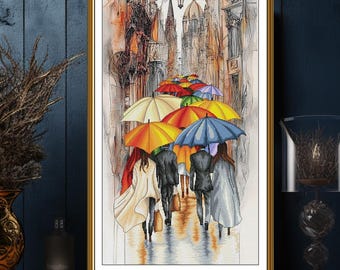 Kit de punto de cruz Paraguas en la ciudad lluviosa / Patrón de bordado Nova Sloboda