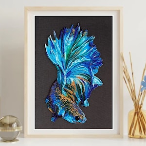 Blue Gold Betta Fish Bead Embroidery Kit on Canvas, Partial Beading, Abris Art