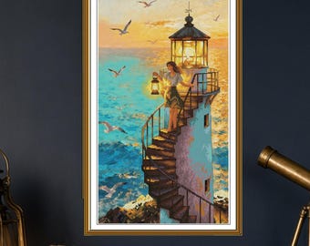 Lighthouse Cross Stitch Kit, Romantic Coastal Sunset Scene on Printed Aida 16