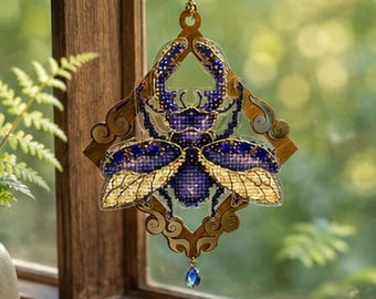 Stag Beetle Cross Stitch Kit, Crystal Hanging Ornament on Flexible Plastic for Insect Lovers