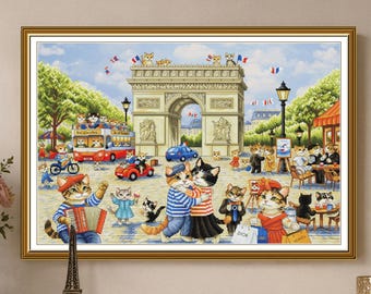Paris Cat Cross Stitch Kit Printed Background by Nova Sloboda Whimsical French Street Scene