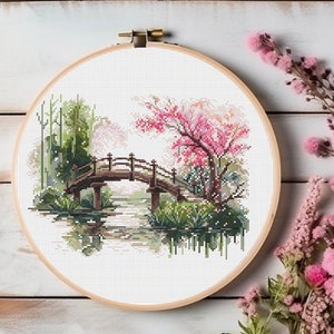 Bridge and Blossoms Cross Stitch Pattern, Spring Landscape (PDF Pattern)