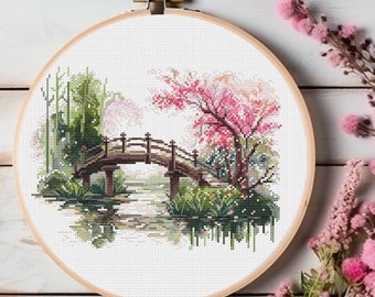 Bridge and Blossoms Cross Stitch Pattern, Spring Landscape (PDF Pattern)
