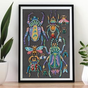 Beetles Bead Embroidery Kit on Canvas, Insects Bee Butterfly Wall Decor DIY