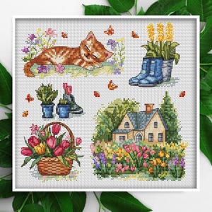 Kit punto croce "Campionario di primavera" / Gatto addormentato, Casetta accogliente, Fiori negli stivali, Cestino di tulipani / Schema di ricamo fai da te Kolyorova Aida 14
