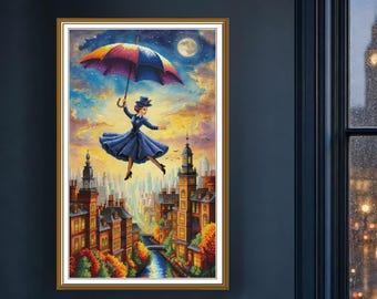 Miss Poppins Cross Stitch Kit, Whimsical London Scene, Partial Design on Printed Aida 16