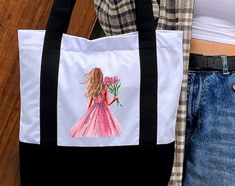 DIY刺繍バッグキット、ツイルトート、ビーズ/糸デザイン