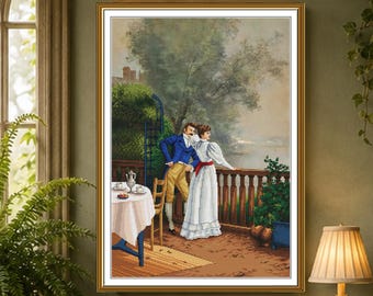 Regency Couple Cross Stitch Kit, Romantic Garden Scene on Aida 16 with Printed Background