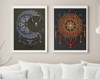 Kit DIY para bordar con cuentas sobre lienzo de arte natural &quot;Tándem de Día y Noche&quot; Abris Art, patrón Sol y Luna. El mejor regalo del sol dorado.