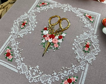Spring Floral Scissors Cross Stitch Kit, Toho Beads, Murano Fabric