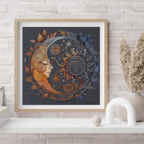 DIY Kit for embroidery with beads on natural art canvas "Captured by the night" Abris Art, Sun and Moon pattern. Golden sun, DIY craft Kit