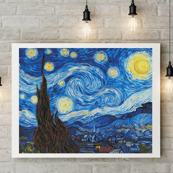 Starry Night Cross Stitch Kit, van Gogh DIY Needlepoint, Counted Cotton Aida