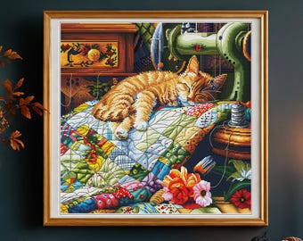 Sleeping Ginger Cat Cross Stitch Kit for Quilters and Sewing Lovers by Nova Sloboda