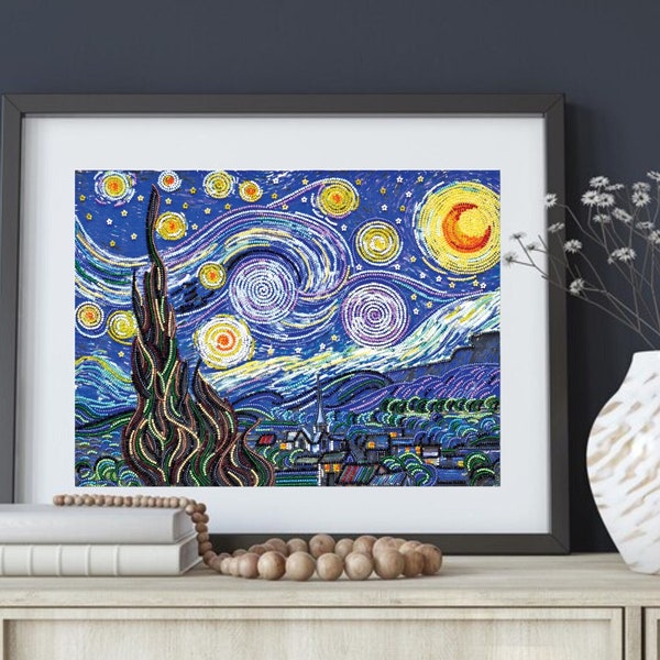 Starry Night Bead Embroidery Kit, DIY Abris Art on Canvas