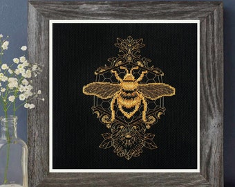DIY Golden Bee Cross Stitch Kit, Counted Embroidery, Black Aida
