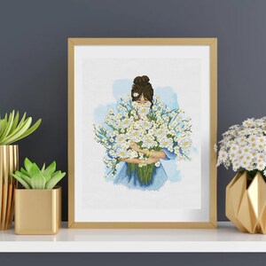 DIY Cross stitch kit (thread) &quot;Bouquet of daisies&quot;, set of tapestries, long stitches, embroidery, counted cross stitch kit/girl with flowers