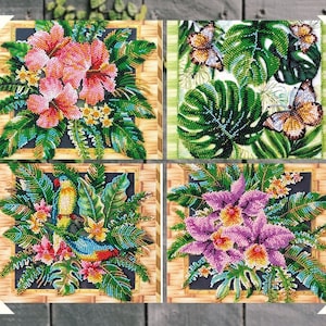 Kit DIY pour broderie avec perles sur toile d&#39;art naturel &quot;Mélange Floral&quot; Art/Fleurs Roses/Monstera/Perroquets Lori/Bouquet Violet/Chef-d&#39;oeuvre DIY
