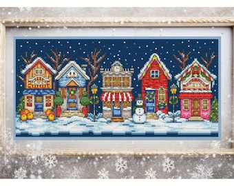 Winter Village Cross Stitch Kit, Christmas Eve Scene, Beadwork Embroidery