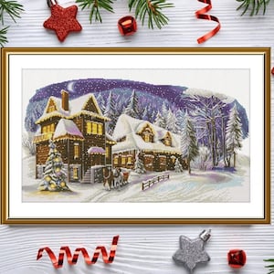 Winter Landscape Cross Stitch Kit, Christmas Eve Scene, DIY Embroidery