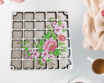Organizador de cuentas de madera con diseño floral y tapa, 30 compartimentos