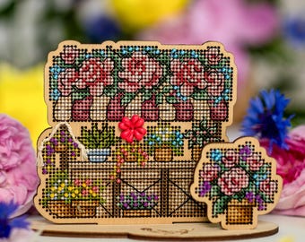 Flower Shop Cross Stitch Kit on Wood, Beaded Floral Decor Gift for Plant Lovers