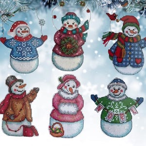 Set of 6 Cross Stitch Kits | Snowman Ornaments on Plastic Canvas | Cute Winter Embroidery Kits for Christmas Tree | cozycrosses