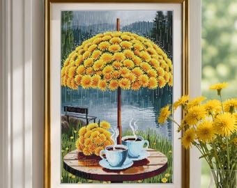 Dandelion Umbrella Cross Stitch Kit Printed Background by Nova Sloboda Cozy Rainy Day Scene
