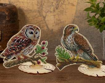 Owl and Eagle Bead Embroidery Kits on Wood, Bird Lover Gift Set