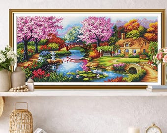 Fragrant Garden Cross Stitch Kit Landscape, Cottage Bridge Scene, Spring Nature Needlework Art