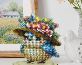 Bird Bead Embroidery Kit on Wood Base, Bluebird Gift for Nature Lovers