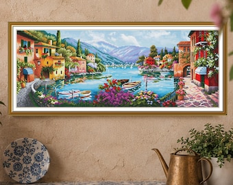 Italian Lakeside Cross Stitch Kit Printed Background by Nova Sloboda Mediterranean Village Landscape Embroidery
