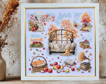 Cozy Autumn Cross Stitch Kit – Hygge Fall Embroidery, DMC Threads