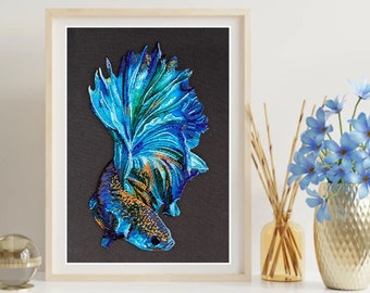 Kit DIY para bordar con cuentas sobre lienzo de arte natural &quot;Oro Azul. Betta&quot; Abris Art Fish. Para bordar con cuentas según el esquema.