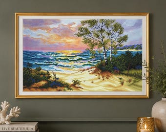 Seaside Sunset Cross Stitch Kit with Printed Background by Nova Sloboda Coastal Landscape Embroidery