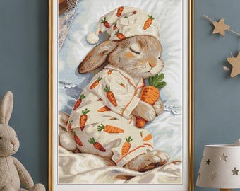 Sleeping Bunny Cross Stitch Kit for Nursery Decor, Counted Embroidery by Nova Sloboda