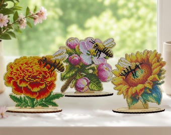 Flower Bead Embroidery Kits on Wood, Sunflower Sakura Marigold Collection