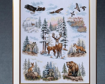 Kit de punto de cruz de bosque invernal: ciervo, oso, zorro, pájaros, hilos DMC