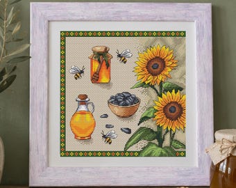 Sunflower Summer Sampler Cross Stitch Kit – Honey Bees Embroidery on Beige Aida 16