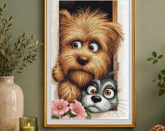 Curious Dog and Cat Cross Stitch Kit Funny Pet Embroidery by Nova Sloboda Counted