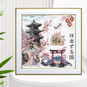 Japanese Sakura Bloom Cross Stitch Kit | Geisha, Pagoda, Lanterns, Beads