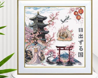 Japanese Sakura Bloom Cross Stitch Kit | Geisha, Pagoda, Lanterns, Beads